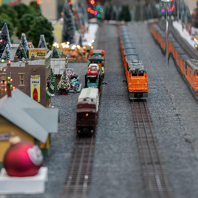 White’s Chapel Methodist Church’s holiday model train layout featuring a BNSF train