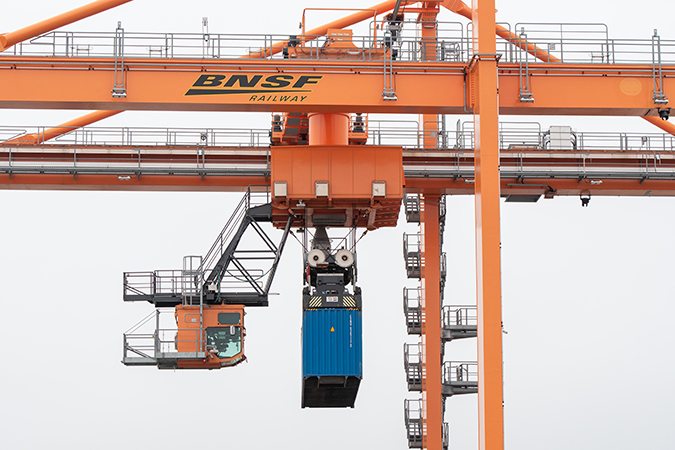 A crane operates at Logistics Park Chicago (LPC) Intermodal Facility.