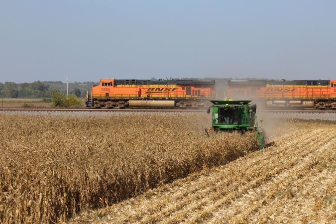 A BNSF train passes a farmer harvesting corn 