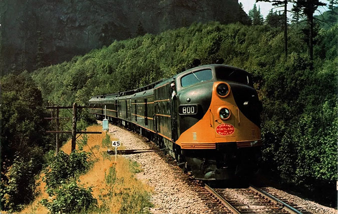 SP&S F3A No. 800 leading a short passenger train along the Columbia River